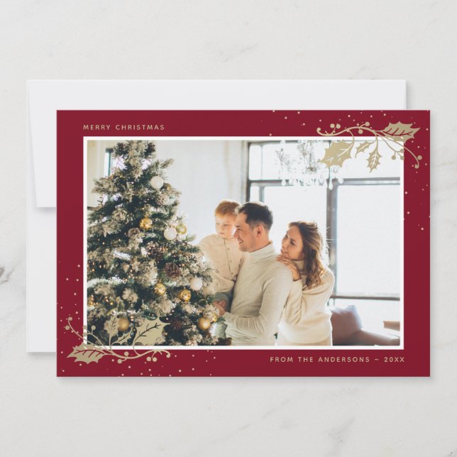 Elegant Red Gold Photo Christmas Card (Front)