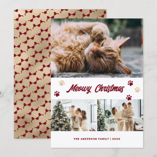 Elegant Red Gold Photo Meowy Christmas Card