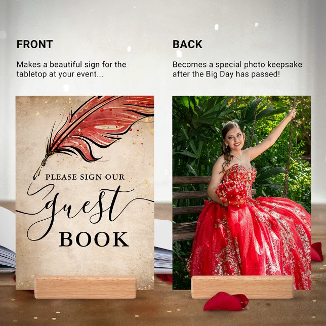 Elegant Red Gold Photo Quinceanera Guest Book Sign Holder (Elegant tabletop signs for your guest book can become photo keepsakes after your celebration.)