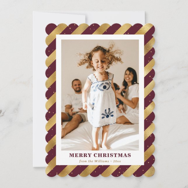 Elegant Red Gold Photo Snowflake Merry Christmas Holiday Card (Front)