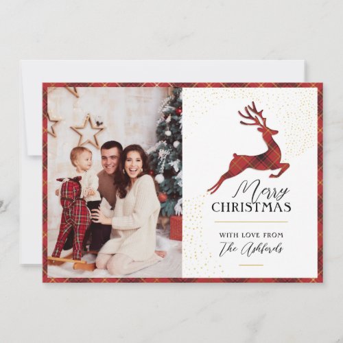 Elegant Red  Gold Plaid Deer  Your Photo Holiday Card