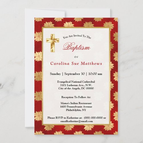 Elegant Red Gold Poinsettia Floral Baptism Invitation