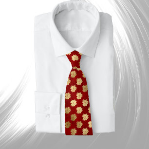 Elegant Red Gold Poinsettia Floral Christmas Neck Tie