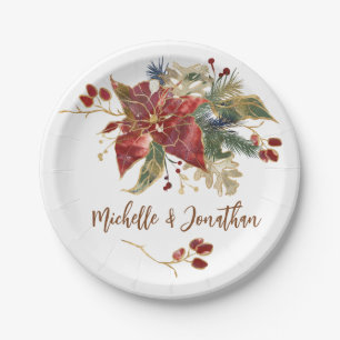 Elegant Red Gold Poinsettia Floral Christmas Paper Plates