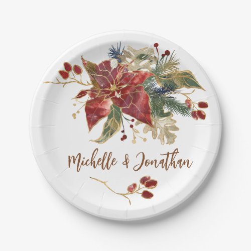 Elegant Red Gold Poinsettia Floral Christmas Paper Plates