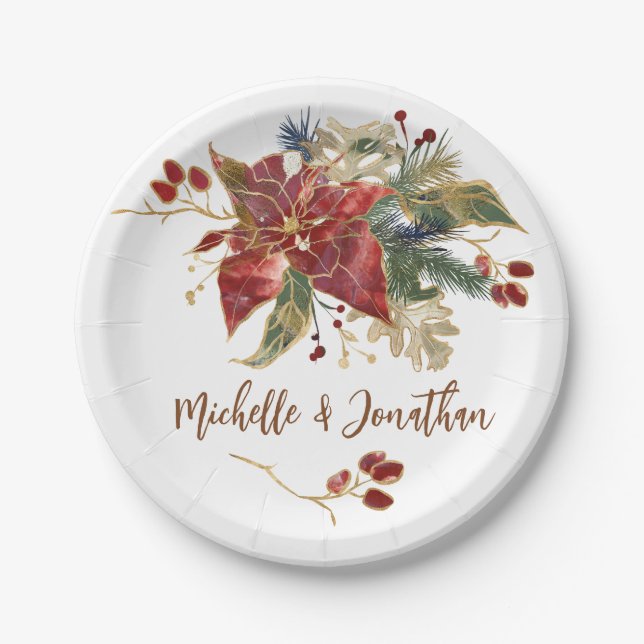 Elegant Red Gold Poinsettia Floral Christmas Paper Plates (Front)