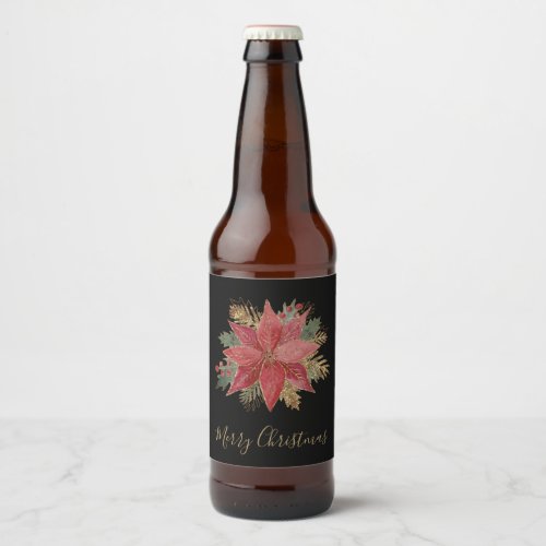 Elegant Red Gold Poinsettia Flower Merry Christmas Beer Bottle Label