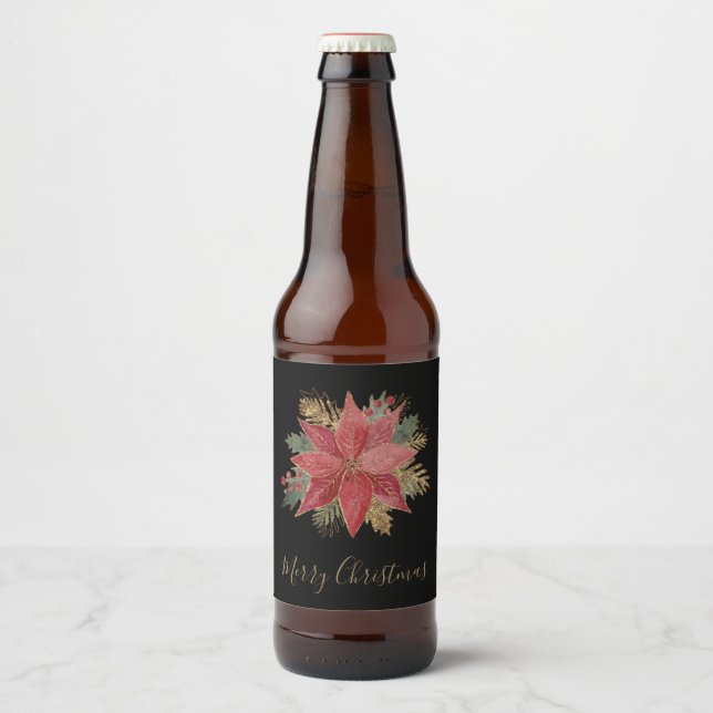 Elegant Red Gold Poinsettia Flower Merry Christmas Beer Bottle Label (Front)