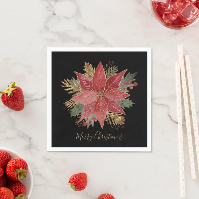 Elegant Red Gold Poinsettia Flower Merry Christmas Napkins (Insitu)