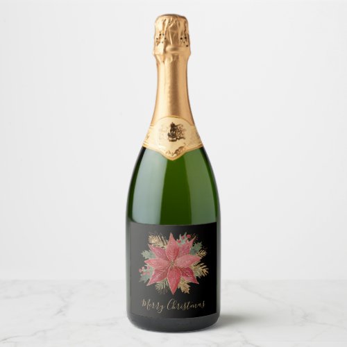 Elegant Red Gold Poinsettia Flower Merry Christmas Sparkling Wine Label