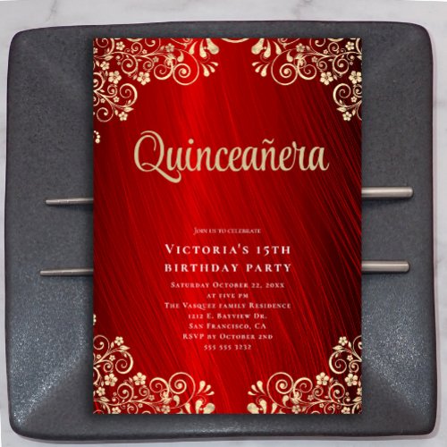 Elegant Red Gold Quinceaera 15th Birthday Party Invitation