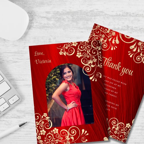 Elegant Red Gold Quinceanera Photo Thank You