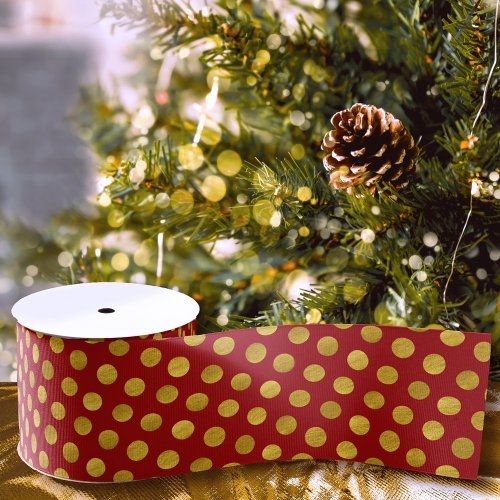 Elegant Red  Gold Red Polka Dots Modern Christmas Grosgrain Ribbon