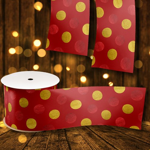 Elegant Red  Gold Red Polka Dots Modern Christmas Satin Ribbon