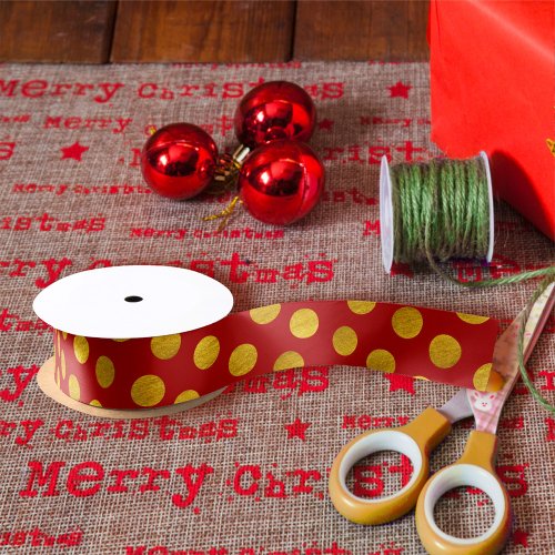 Elegant Red  Gold Red Polka Dots Modern Christmas Satin Ribbon