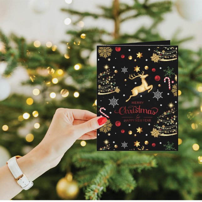 Elegant Red Gold Reindeer Merry Christmas Tree Card (Creator Uploaded)
