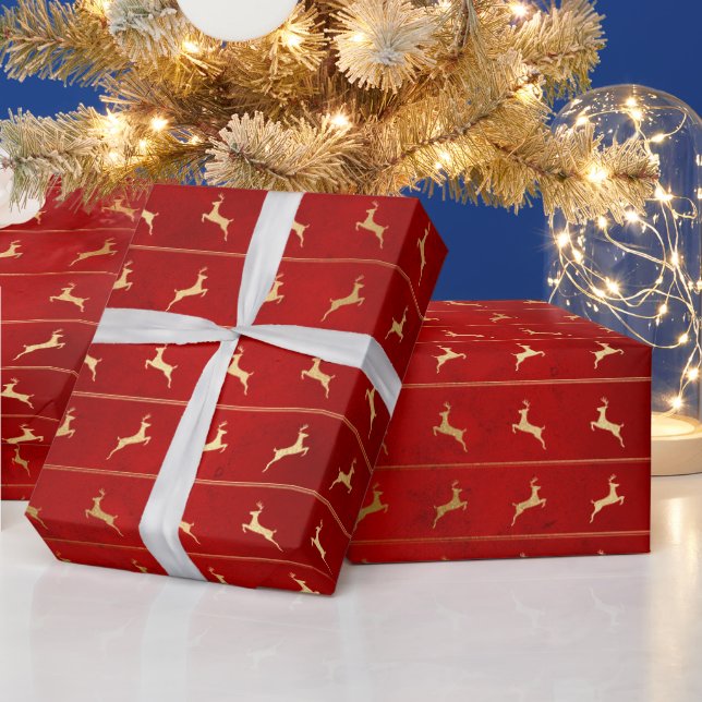 Elegant red gold reindeer stripe pattern Christmas Wrapping Paper (Holidays)