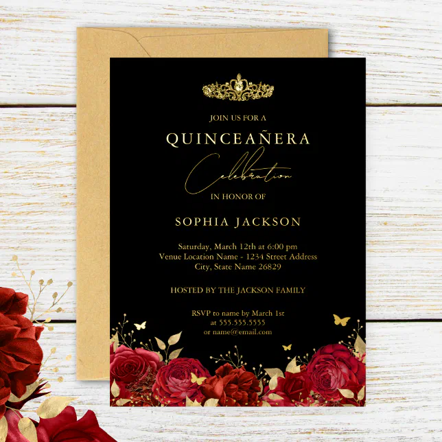 Elegant Red Gold Rose Butterfly Quinceanera Foil Invitation | Zazzle