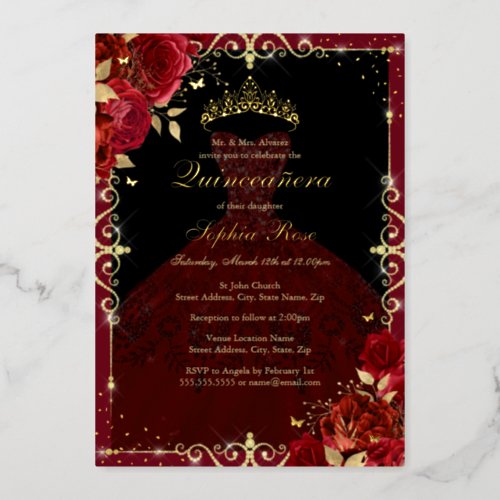 Elegant Red Gold Rose Dress Quinceanera Foil Invitation