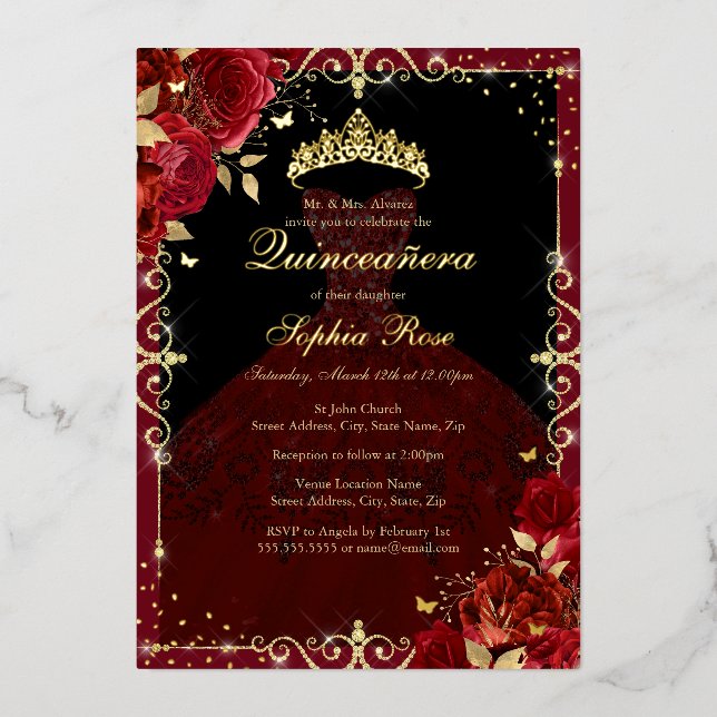 Elegant Red Gold Rose Dress Quinceanera Foil Invitation (Front)