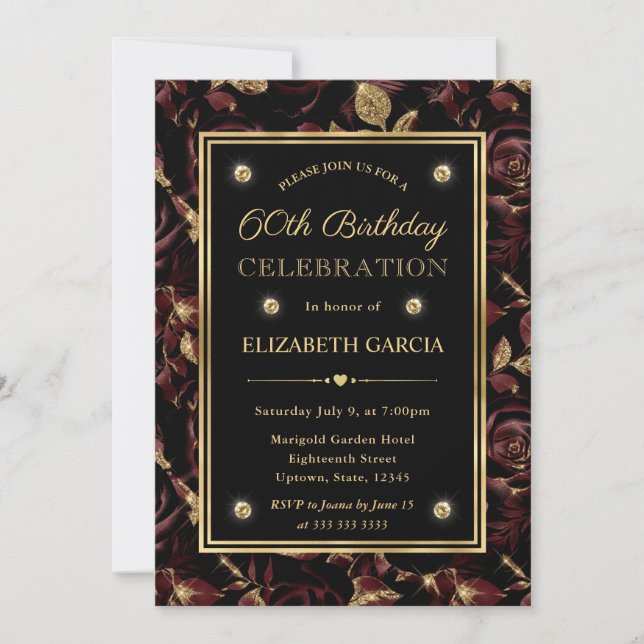 Elegant Red & Gold Rose Floral 60th Birthday Invitation (Front)