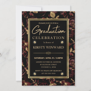 Elegant Red & Gold Rose Floral Graduation Invitation