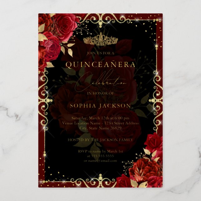 Elegant Red Gold Rose Quinceanera Foil Invitation (Front)