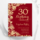 Elegant Red Gold Roses 30th Birthday Invitation<br><div class="desc">Red gold floral 30th birthday party invitation. Elegant design featuring roses,  faux gold foil and typography script font. Trendy invite card perfect for a stylish female bday celebration. Can be customized to any age. Printed Zazzle invitations or instant download digital printable template.</div>