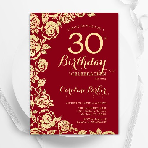 Elegant Red Gold Roses 30th Birthday Invitation