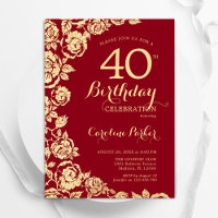 Elegant Red Gold Roses 40th Birthday