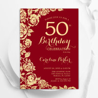Elegant Red Gold Roses 50th Birthday