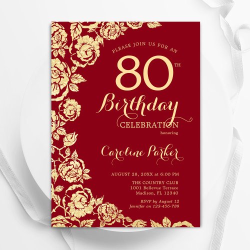 Elegant Red Gold Roses 80th Birthday Invitation