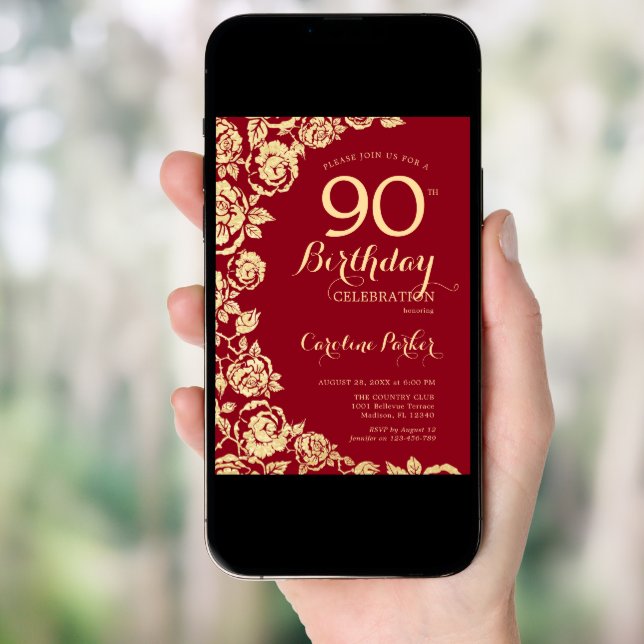 Elegant Red Gold Roses 90th Birthday Invitation (Front Digital)