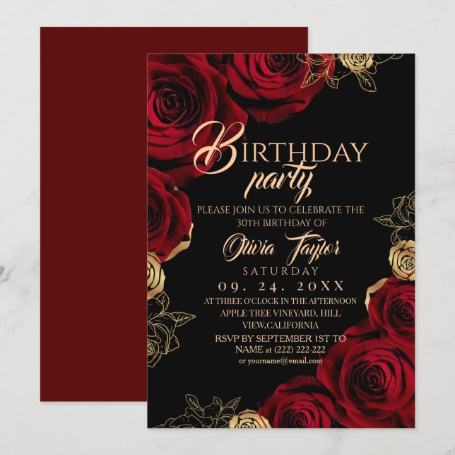 Elegant Red Gold Roses Birthday Party Invitation (Front/Back)