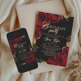Elegant Red Gold Roses Birthday Party Invitation