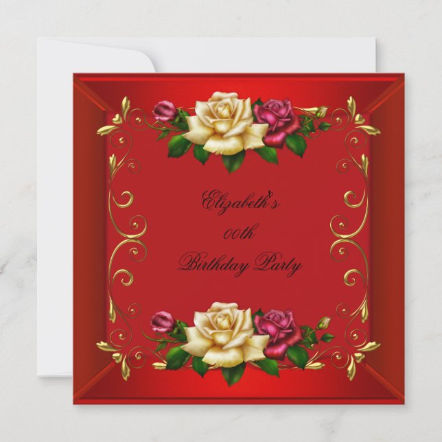 Elegant Red Gold Roses Birthday Party Invitation (Front)