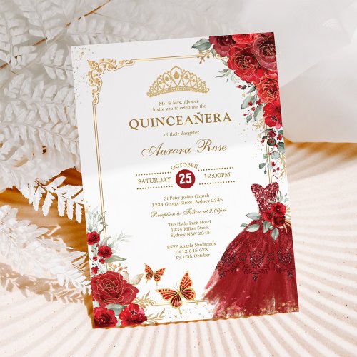 Elegant Red Gold Roses Quinceaera Princess Invitation