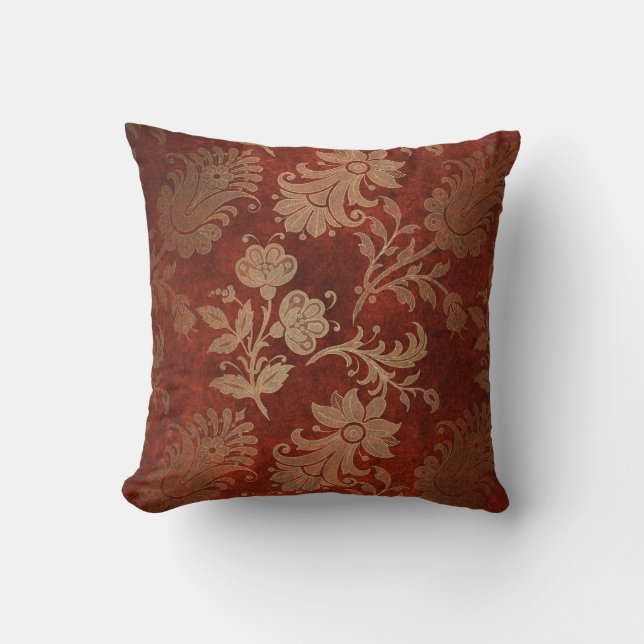 Elegant red gold royal damask floral pattern throw pillow (Front)