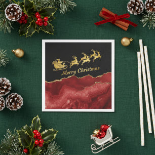 Elegant Red Gold Santa Sleigh Merry Christmas  Napkins