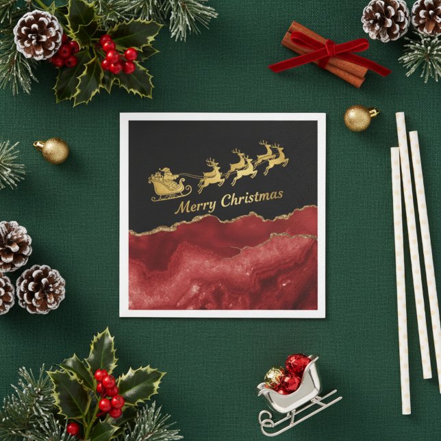 Elegant Red Gold Santa Sleigh Merry Christmas  Napkins (Creator Uploaded)