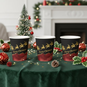 Elegant Red Gold Santa Sleigh Merry Christmas Paper Cups