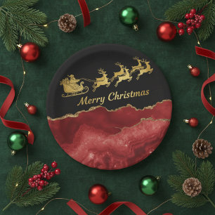 Elegant Red Gold Santa Sleigh Merry Christmas Paper Plates