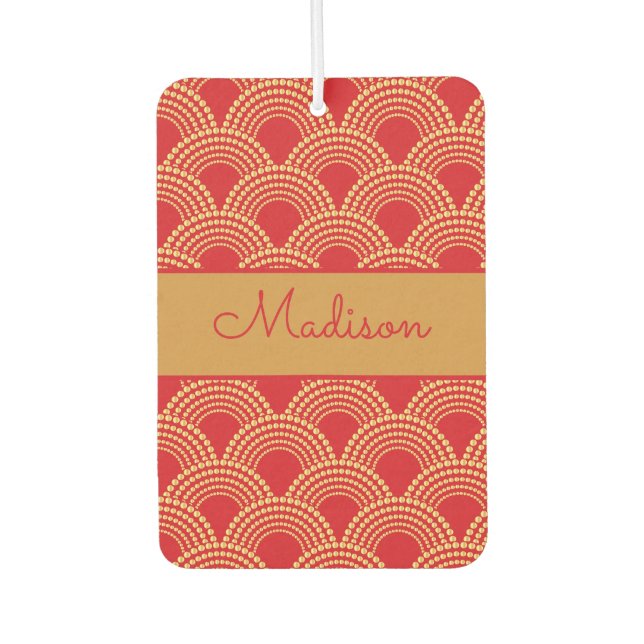 Elegant Red Gold Scallop Pattern Personalized Name Air Freshener (Front)