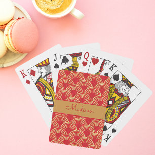 Elegant Red Gold Scallop Pattern Personalized Name Poker Cards