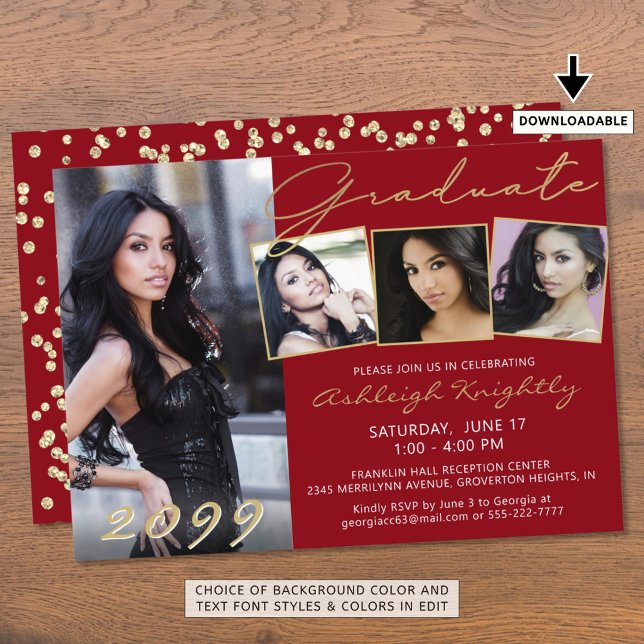 Elegant Red Gold Script 4 Photo Graduate Invitation (Creator Uploaded)