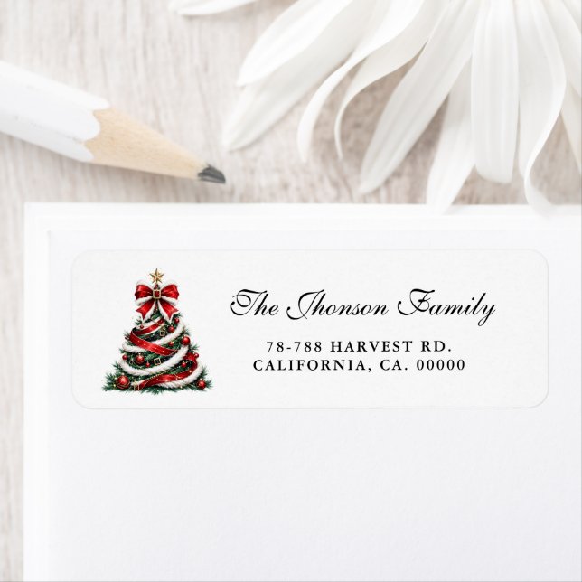 Elegant red gold script Christmas Tree Winter addr Label (Insitu)