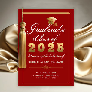 Elegant Red Gold Script Class of 2025 Graduation Announcement