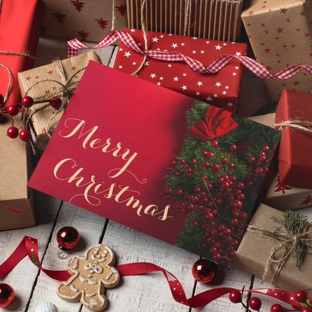 Elegant Red & Gold Script Merry Christmas Business Thank You Card (Creator Uploaded)