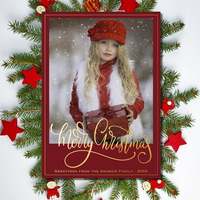 Elegant Red Gold Script Merry Christmas Foil Holiday Card (Creator Uploaded)