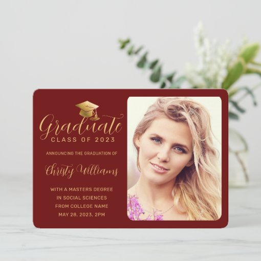 Elegant Red Gold Script Photo College Graduation Announcement Zazzle